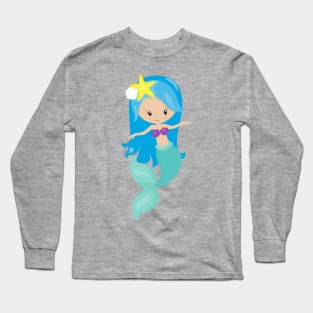 Cute Mermaid, Little Mermaid, Blue Hair, Starfish Long Sleeve T-Shirt